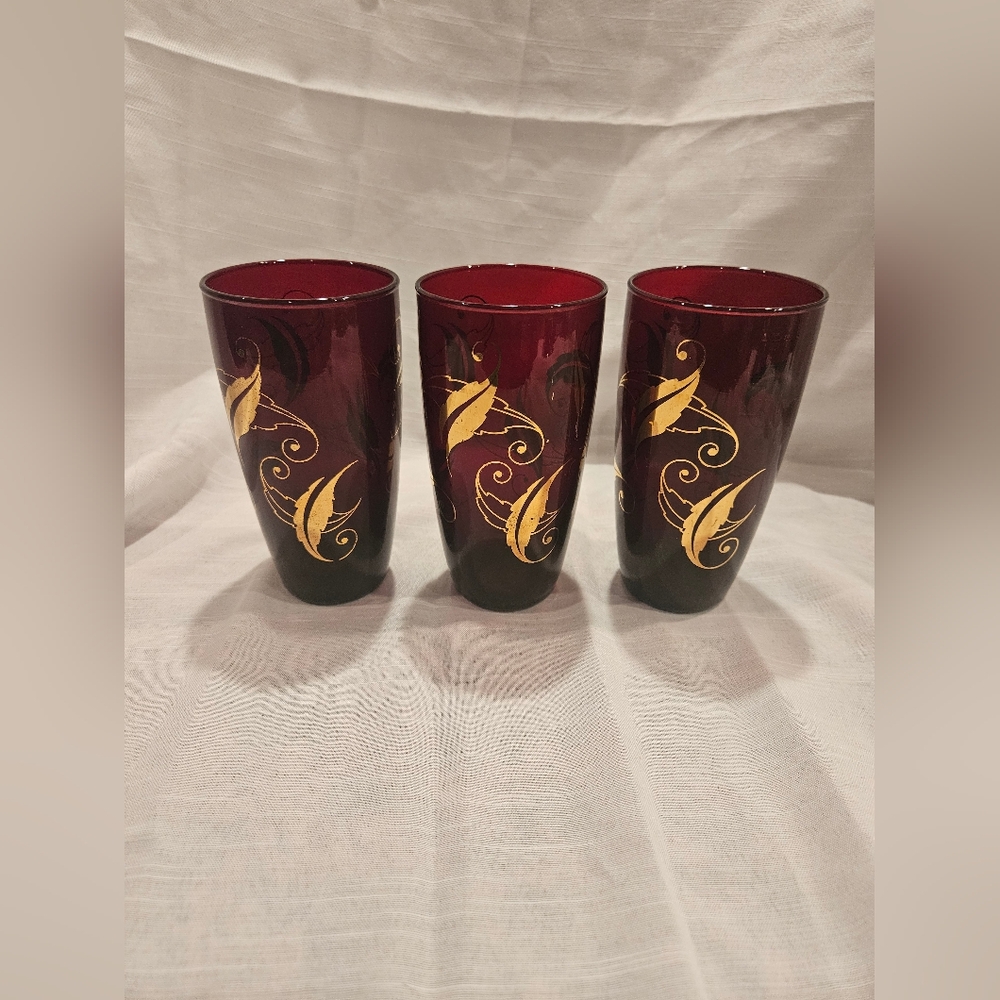 Vintage Rudy Red Tumblers Anchor Hocking Gold Leaves 1950-60s Set of 3